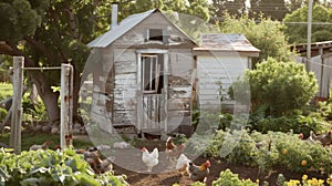 A quaint chicken coop with peeling paint sits at the edge of the garden surrounded by a flock of hens happily pecking at