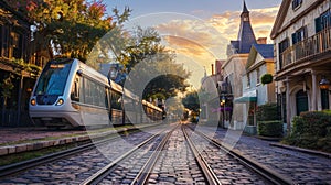 A quaint cobblestone street lined with charming old homes is intersected by a modern monorail showcasing the coexistence