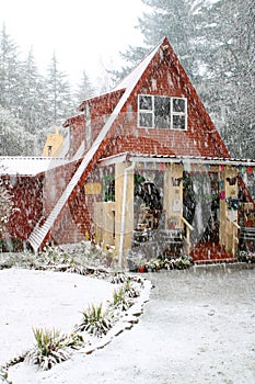 Quaint cottage during the snow