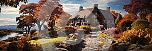 Quaint Cottage With A Thatched Roof And Autumn Garden