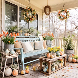 Quaint Country Porch Decorated with Hand-Painted Wooden Easter Signs