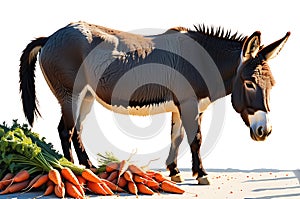 Quaint Encounter: Domestic Donkey Standing Amidst Scattered Carrots and Apples, Ready to Munch