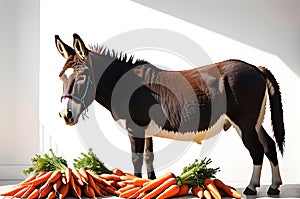 Quaint Encounter: Domestic Donkey Standing Amidst Scattered Carrots and Apples, Ready to Munch