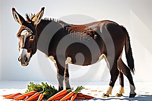 Quaint Encounter: Domestic Donkey Standing Amidst Scattered Carrots and Apples, Ready to Munch