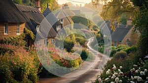 Quaint English Village Lane with Thatched Cottages. Resplendent.