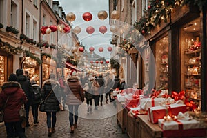 A quaint European street on Saint Nicholas Day, adorned with festive decorations and lights, shoppers carrying bags of gifts