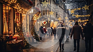 A quaint European street on Saint Nicholas Day, adorned with festive decorations and lights, shoppers carrying bags of gifts