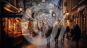 A quaint European street on Saint Nicholas Day, adorned with festive decorations and lights, shoppers carrying bags of gifts