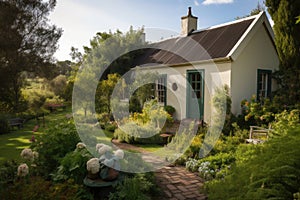 quaint garden cottage, with view of the gardens and rolling hills in the distance