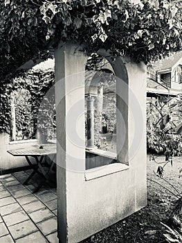 Quaint gazebo in the corner of a lush lawn dotted with ivy vines, in grayscale