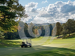 A quaint golf cart ambles along