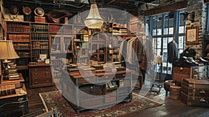 A quaint indoor market housed in a historic building its walls lined with shelves adorned with vintage books jewelry and