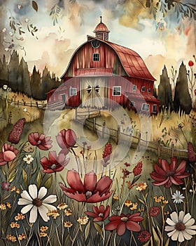 Quaint Iowa Mornings: A Vibrant Illustration of a Red Barn, Fiel