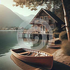 Quaint lake side cabin with boat of water\'s edge