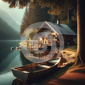 Quaint lake side cabin with boat of water\'s edge