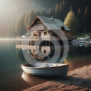 Quaint lake side cabin with boat of water\'s edge