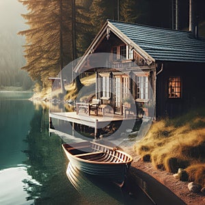 Quaint lake side cabin with boat of water\'s edge