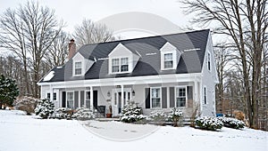 Quaint New England saltbox house in winter