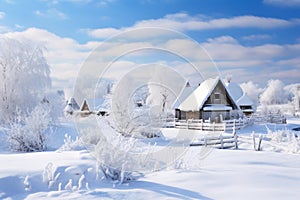 Quaint Rural winter landscape village house. Generate Ai