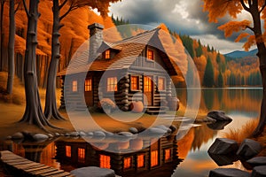 Quaint rustic witchs cabin by the lake autumn forest background orange photo