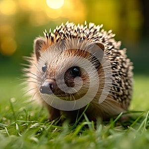 Quaint scene Hedgehog explores a green lawn, natures charm captured