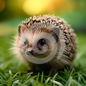 Quaint scene Hedgehog explores a green lawn, natures charm captured