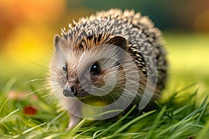 Quaint scene Hedgehog explores a green lawn, natures charm captured