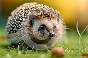 Quaint scene Hedgehog explores a green lawn, natures charm captured