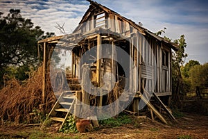 Quaint Shack wooden old pallets green grass. Generate Ai