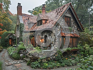 A quaint stone cottage in a lush garden