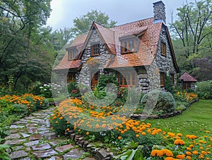 A quaint stone cottage in a lush garden