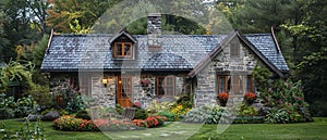 A quaint stone cottage in a lush garden