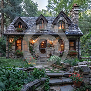 A quaint stone cottage in a lush garden