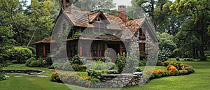 A quaint stone cottage in a lush garden