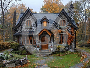 A quaint stone cottage in a lush garden