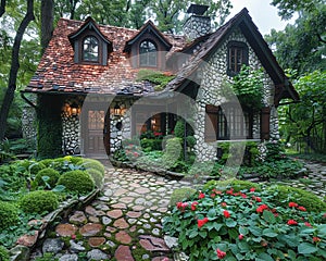 A quaint stone cottage in a lush garden