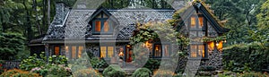 A quaint stone cottage in a lush garden