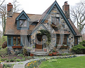 A quaint stone cottage in a lush garden