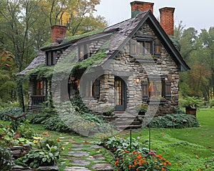 A quaint stone cottage in a lush garden