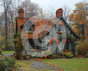 A quaint stone cottage in a lush garden