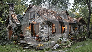 A quaint stone cottage in a lush garden