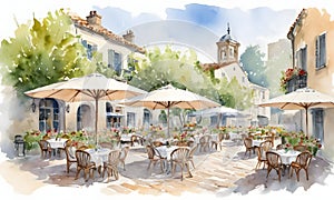 Quaint streetside restaurant in watercolor. Hospitality branding and inviting atmosphere in dining spaces concept. AI photo