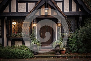 quaint tudor house with a wooden front door and a vintage lantern hanging above