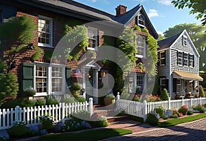 a quaint two-story cottage (house) in the style of French Provence with shutters and white walls,