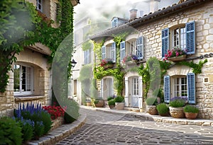 a quaint two-story cottage (house) in the style of French Provence with shutters and white walls,