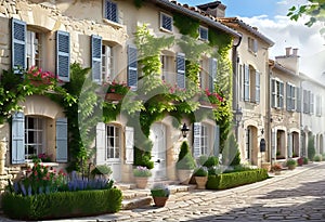 a quaint two-story cottage (house) in the style of French Provence with shutters and white walls,