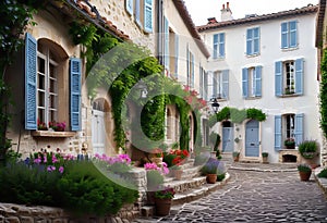 a quaint two-story cottage (house) in the style of French Provence with shutters and white walls,