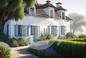 a quaint two-story cottage (house) in the style of French Provence with shutters and white walls,