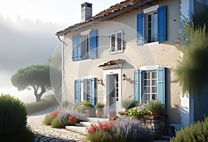 a quaint two-story cottage (house) in the style of French Provence with shutters and white walls,