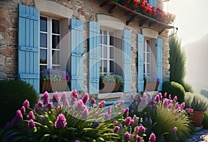 a quaint two-story cottage (house) in the style of French Provence with shutters and white walls,